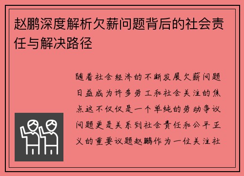 赵鹏深度解析欠薪问题背后的社会责任与解决路径 赵鹏深度解析欠薪问题背后的社会责任与解决路径