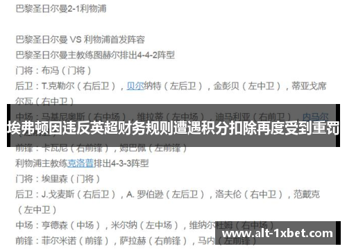埃弗顿因违反英超财务规则遭遇积分扣除再度受到重罚