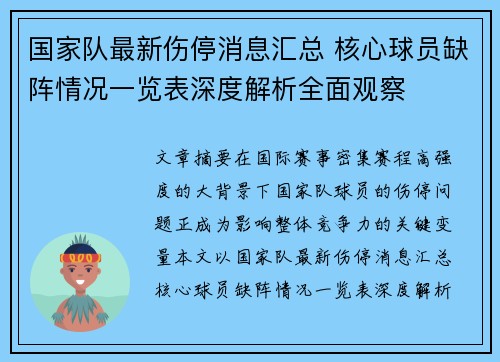 国家队最新伤停消息汇总 核心球员缺阵情况一览表深度解析全面观察